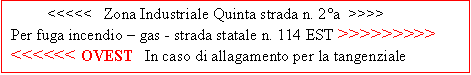 Casella di testo:          <<<<<   Zona Industriale Quinta strada n. 2�a  >>>> 
Per fuga incendio � gas - strada statale n. 114 EST >>>>>>>>>
<<<<<< OVEST   In caso di allagamento per la tangenziale

